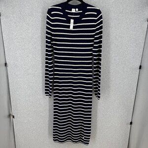 Gap Womens Long Sleeve Knit Midi Sweater Dress Size M Tall Navy White Stripe NEW